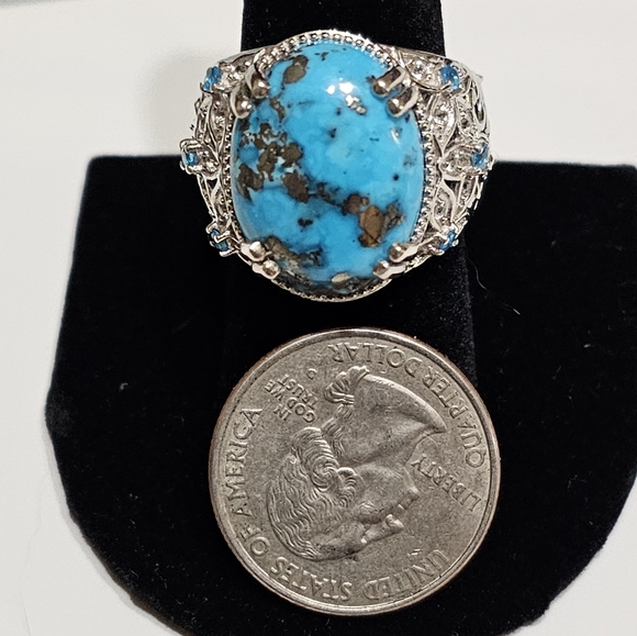Genuine Turquoise & Neon Apatite 💍 w/White Sapphires in Platinum/925 Size 9 - Picture 10 of 12